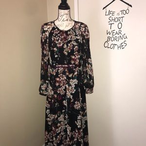 Women’s floral chiffon long sleeve midi dress.